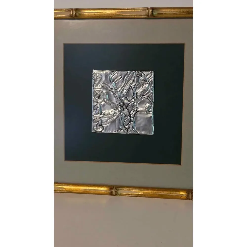 Framed Metal Foil Relief Tree of Life Art in Gold Bamboo Frame 12